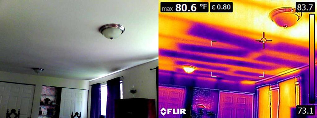 Thermal imaging shows poorly laid insulation in the ceiling.