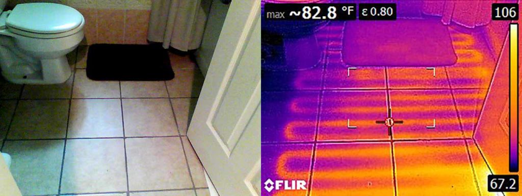 Side by side regular and thermal images show radiant heater coils beneath the tile.